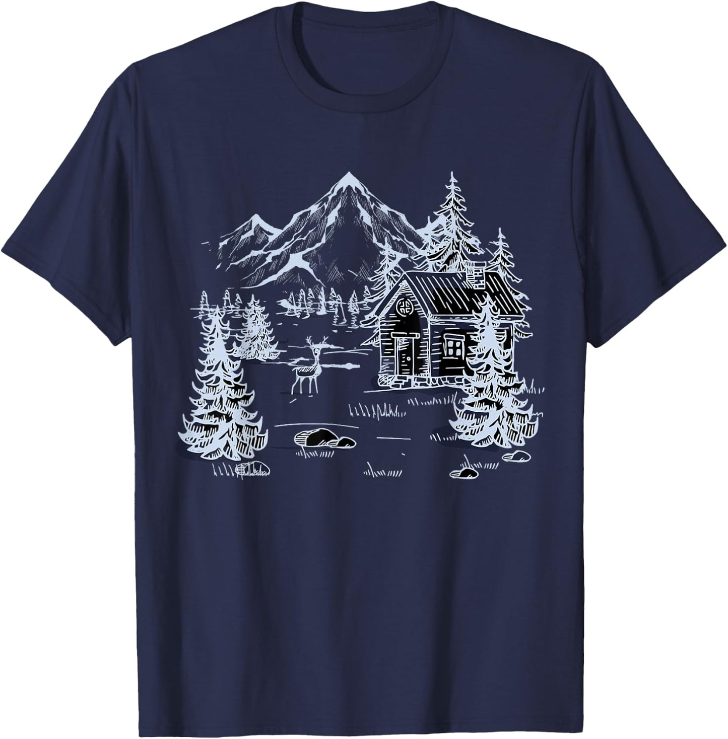 Outdoors Nature Mountains Trees Wildlife House Forest Hiking T-Shirt - T-Shirt | Navy