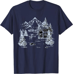 Outdoors Nature Mountains Trees Wildlife House Forest Hiking T-Shirt - T-Shirt | Navy