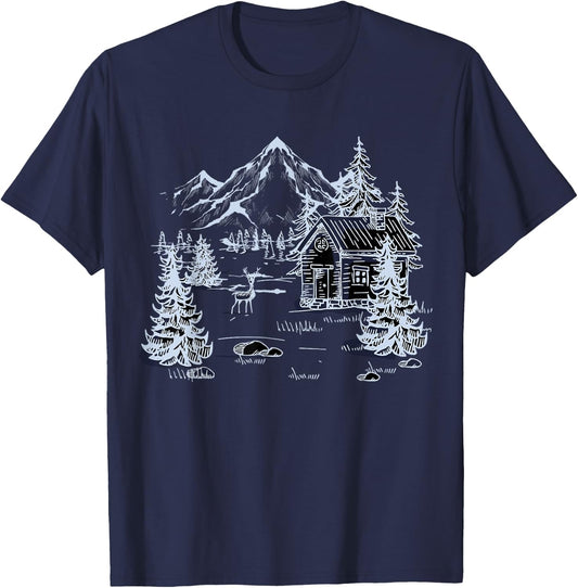 Outdoors Nature Mountains Trees Wildlife House Forest Hiking T-Shirt - T-Shirt | Navy