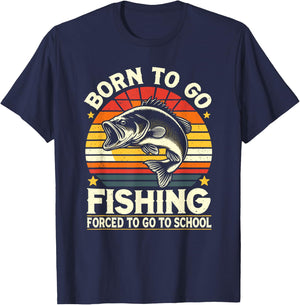 Born To Go Fishing Forced To Go To School, Kids Boys Fishing T-Shirt - T-Shirt | Navy