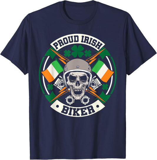 Motorcycle Proud Irish Biker Ireland Skull St Patricks Day T-Shirt - T-Shirt | Navy