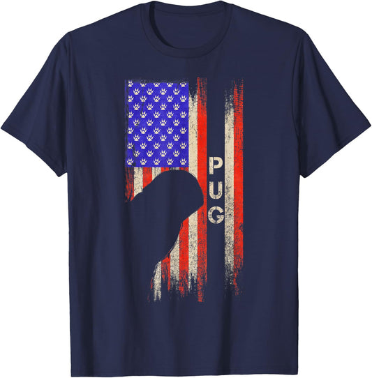 Vintage USA American Flag Pug Dog Silhouette Distressed Kids Men T-Shirt - T-Shirt | Navy