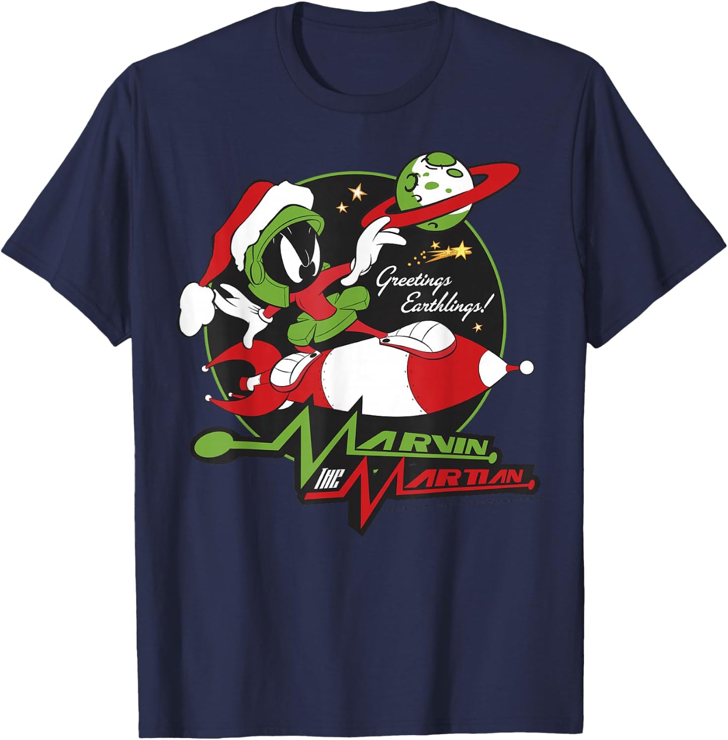 Looney Tunes Christmas Marvin The Martian Greetings T-Shirt - T-Shirt | Navy