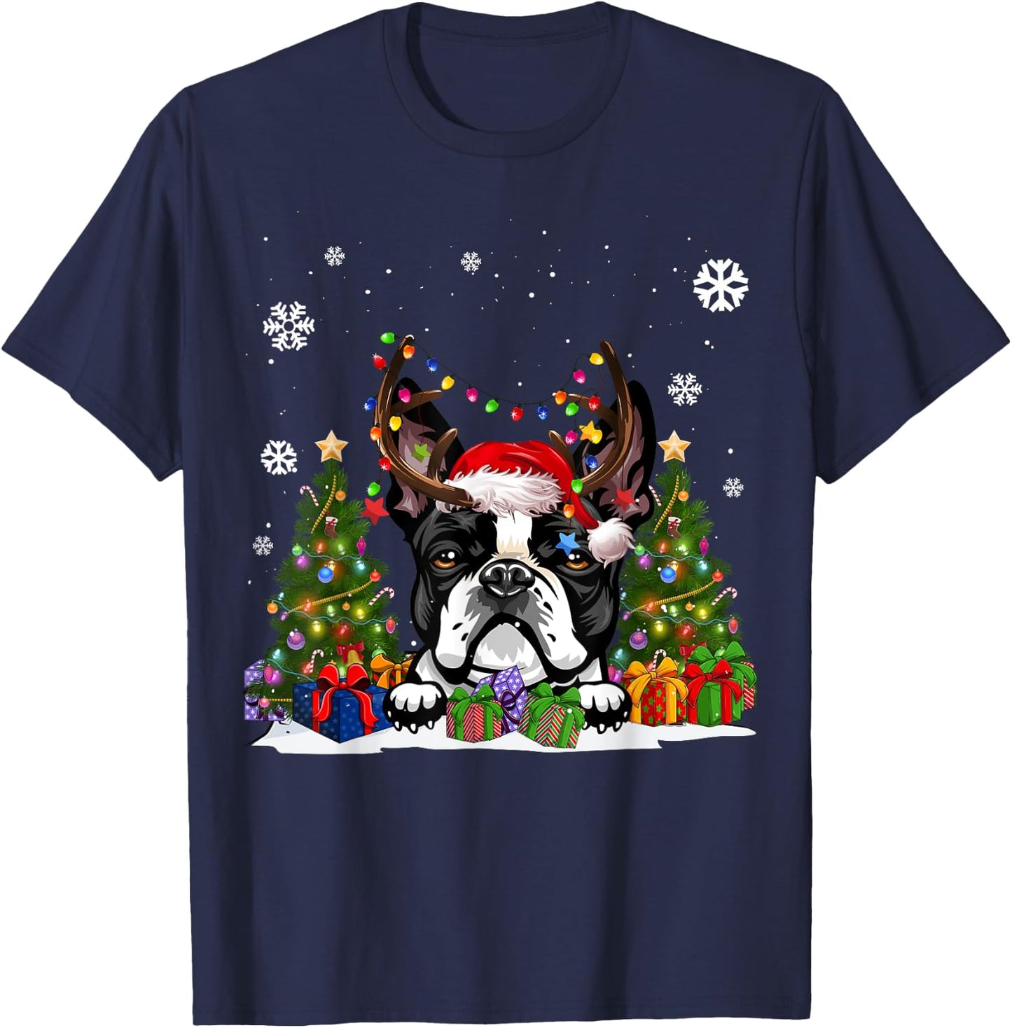 Funny Dog Boston Terrier Santa Hat Ugly Christmas Sweater Women Kids T-Shirt - T-Shirt | Navy