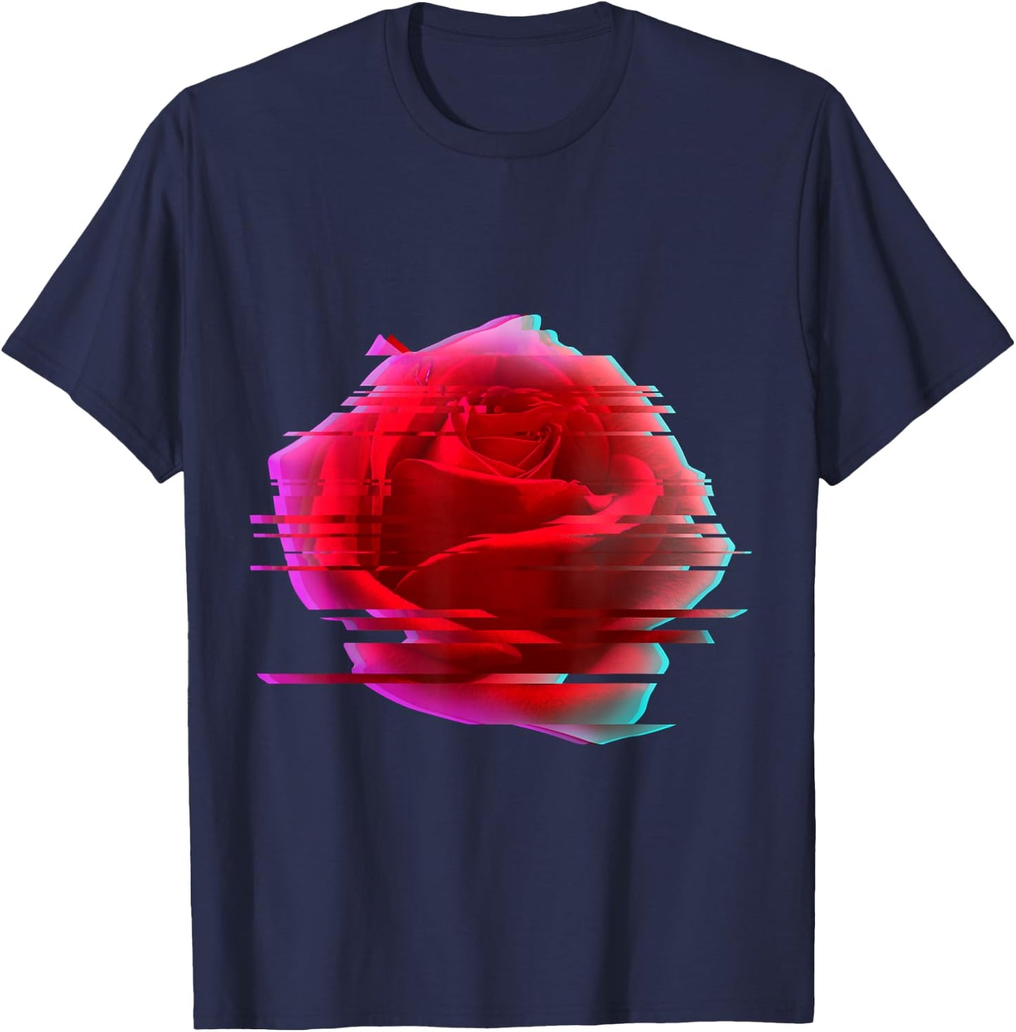 Glitch Rose Vaporwave Aesthetic Trippy Psychedelic T-Shirt - T-Shirt | Navy