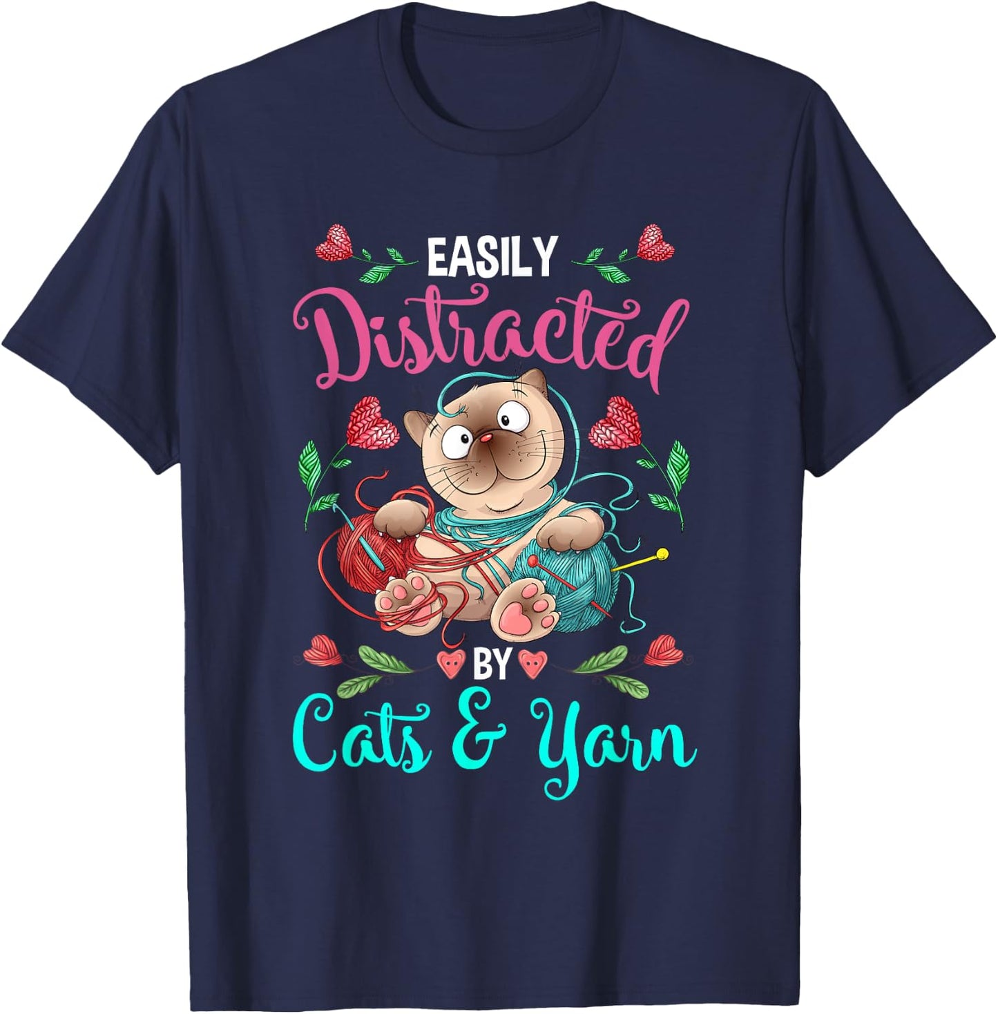 Cats and Yarn Addicted Funny Crochet Woman T-Shirt - T-Shirt | Navy