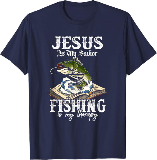 Jesus Is My Savior Fishing Is My Therapy Funny Christian T-Shirt - T-Shirt | Navy