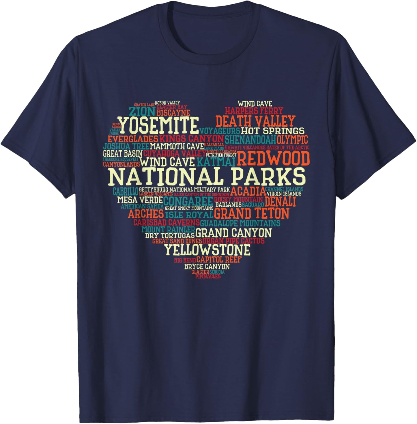 National Parks List Word Cloud heart Camping Men Women Kids T-Shirt - T-Shirt | Navy