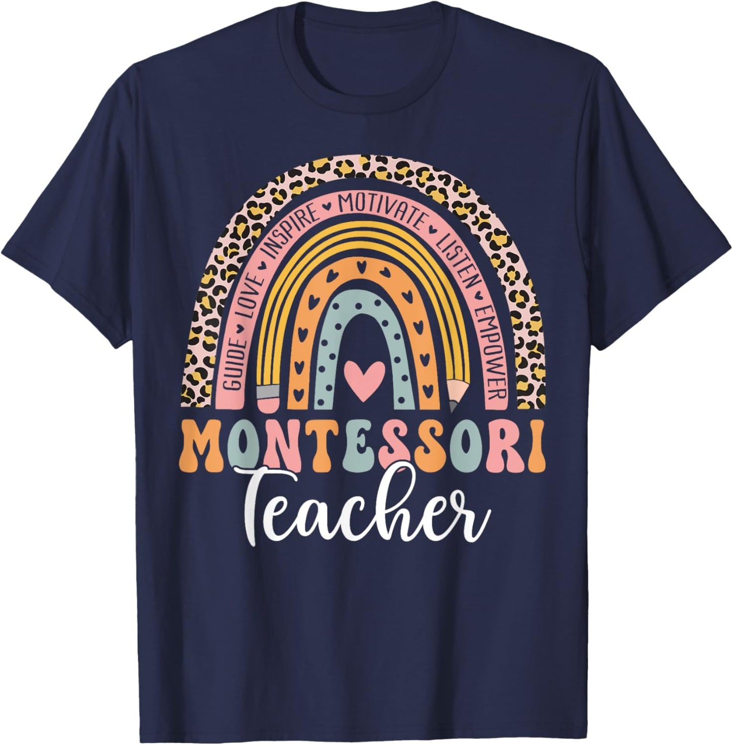 Montessori Teacher Rainbow Leopard Instructor Educator Women T-Shirt - T-Shirt | Navy