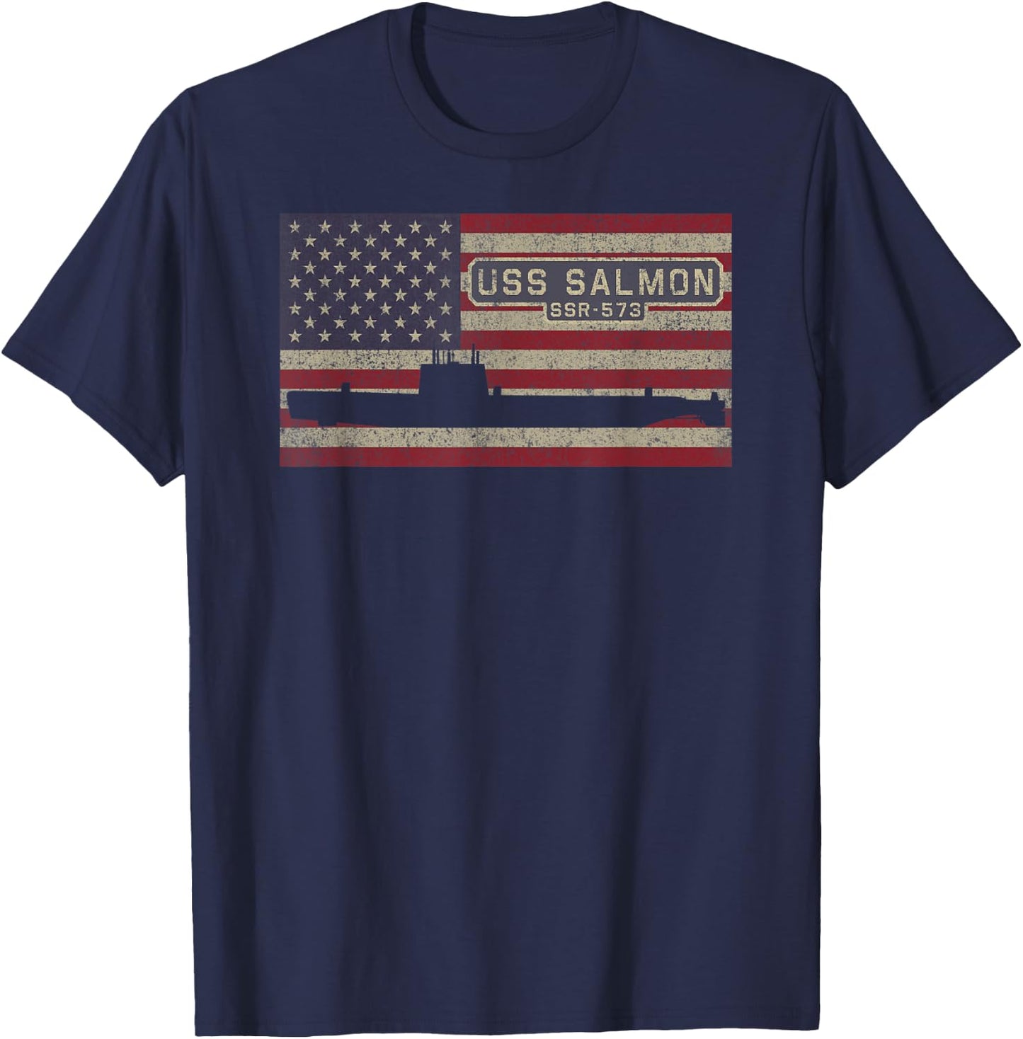USS Salmon SSR-573 Radar Picket Submarine USA American Flag T-Shirt - T-Shirt | Navy