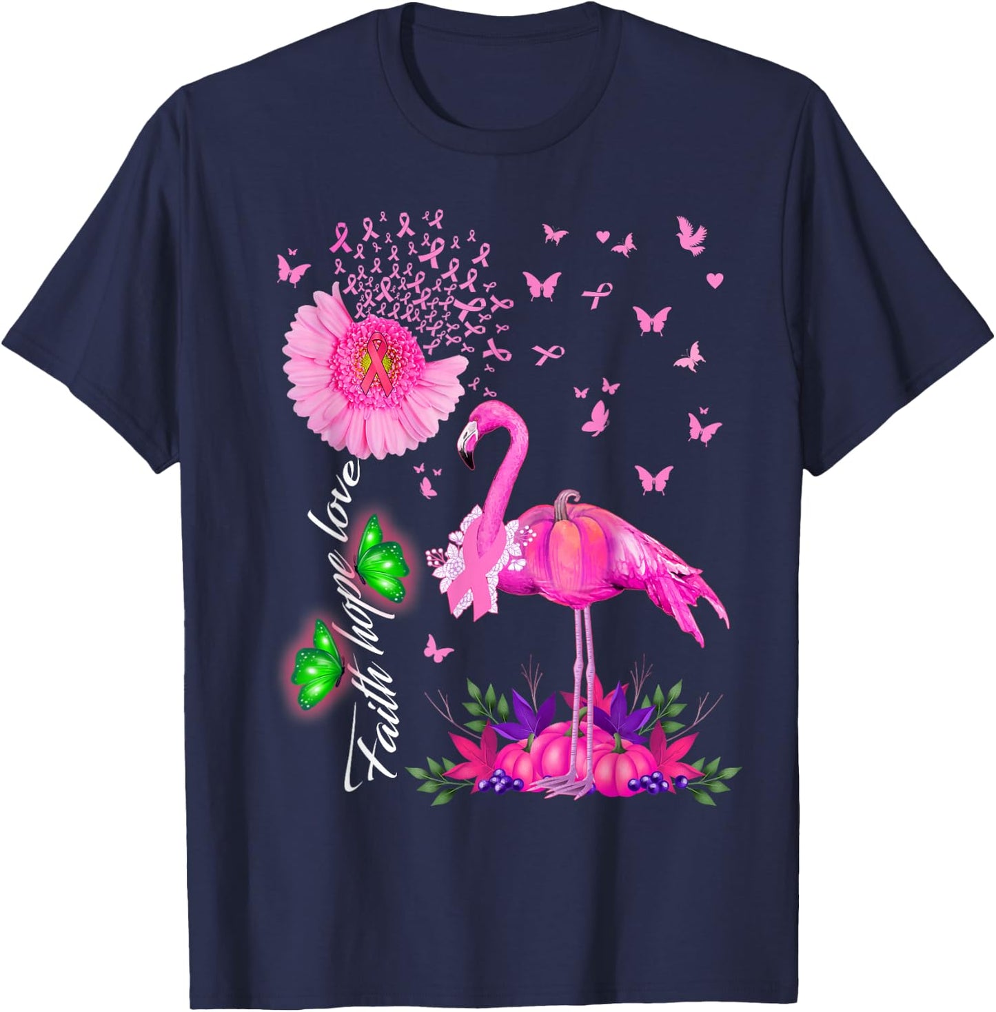 Flamingo Faith Hope Love Pink Pumpkin Ribbon Breast Cancer T-Shirt - T-Shirt | Navy