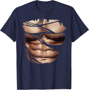 Fake Muscles Torn Breast Six Pack Abs T-Shirt - T-Shirt | Navy