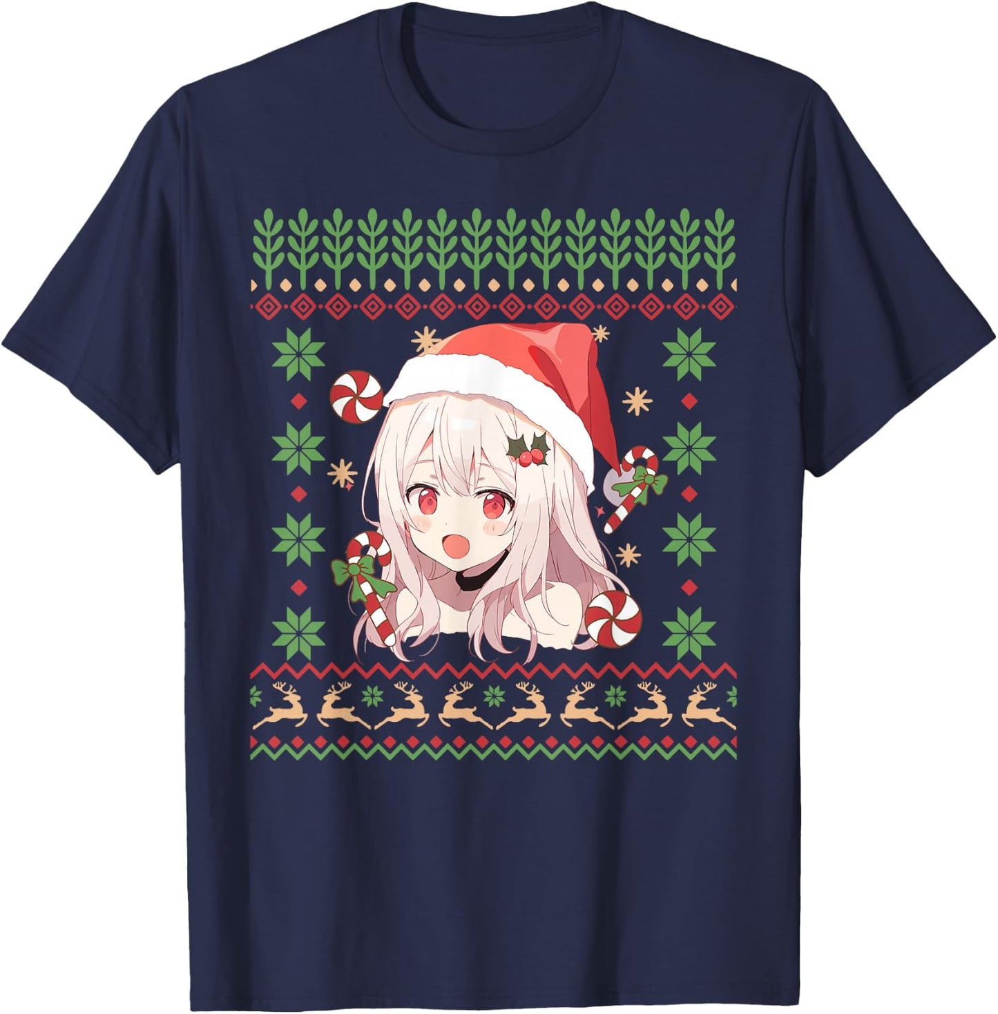 Cute Anime Girl Santa Hat Ugly Sweater Anime Otaku Christmas T-Shirt - T-Shirt | Navy