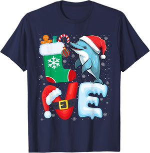 Dolphin Christmas Shirt Dolphin Wearing Santa Hat Xmas T-Shirt - T-Shirt | Navy
