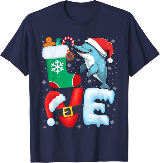 Dolphin Christmas Shirt Dolphin Wearing Santa Hat Xmas T-Shirt - T-Shirt | Navy