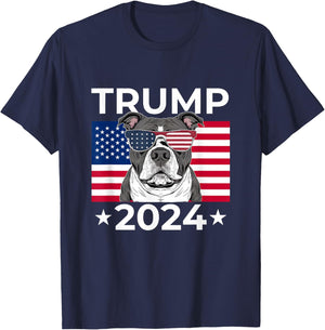 US Election Vote Donald Trump 2024 Pitbull Dog USA Flag T-Shirt - T-Shirt | Navy