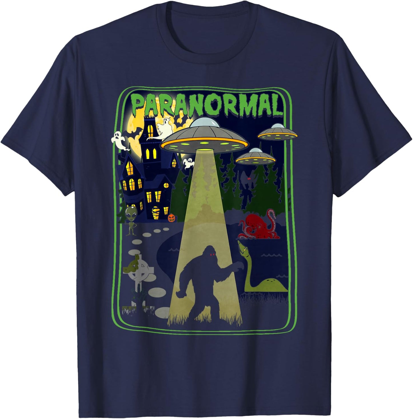 Paranormal Cryptid Poster Bigfoot UFOs Ghosts T-Shirt - T-Shirt | Navy