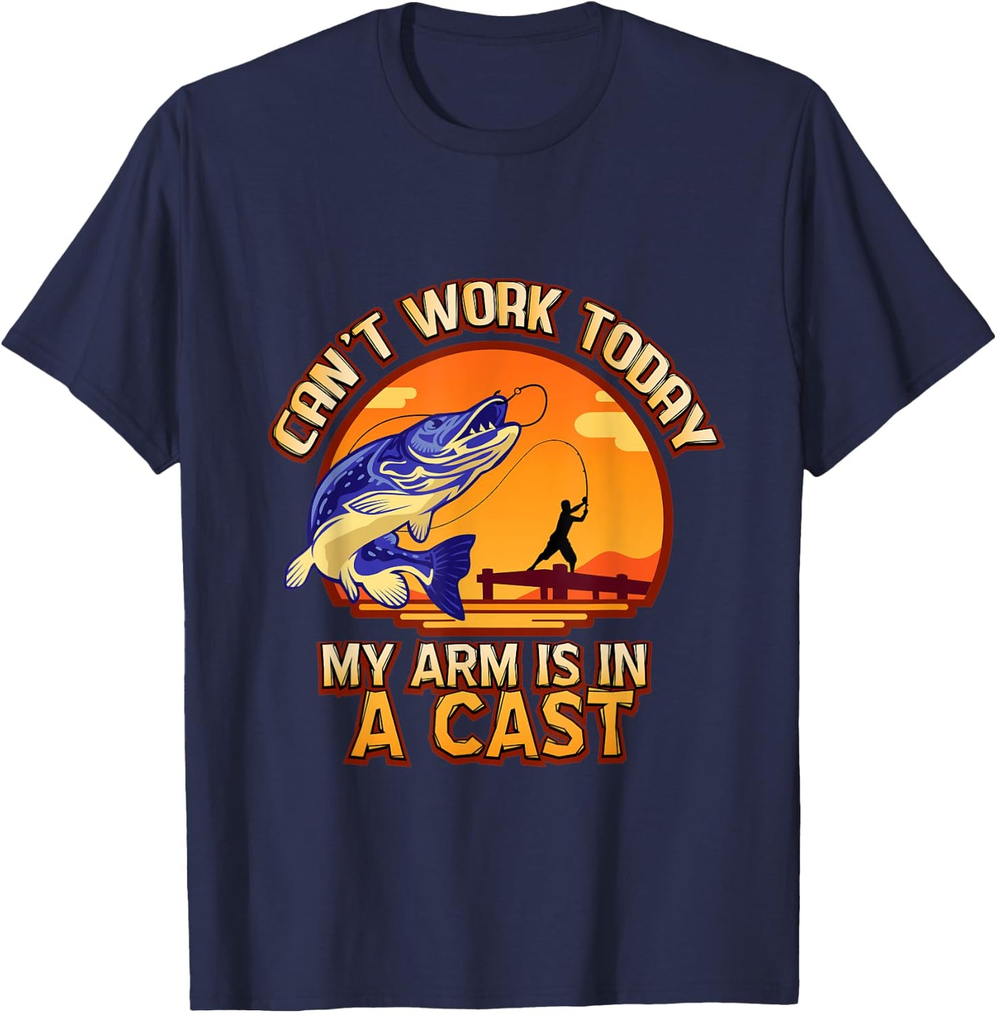 Fishing Pole Cast & Reeling In Fish - Funny Fisherman Gift T-Shirt - T-Shirt | Navy