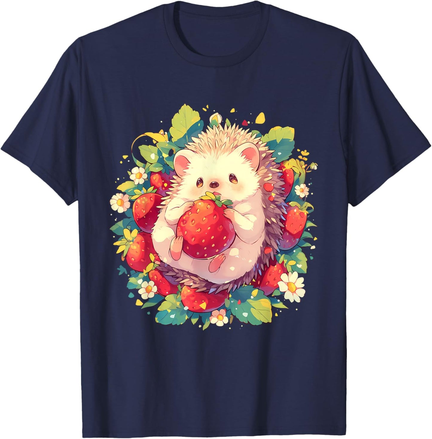 Strawberry Hedgehog Floral Drawing Wildlife Cute Hedgehog T-Shirt - T-Shirt | Navy