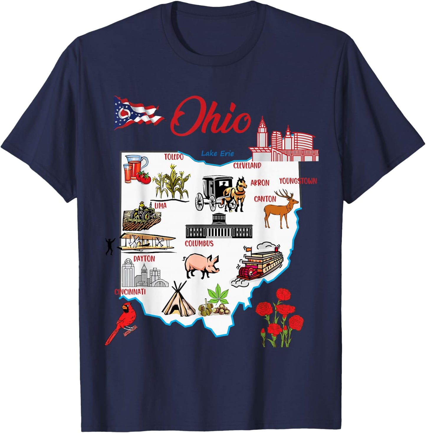 Illustrated map of the state of Ohio in the USA, major cities T-Shirt - T-Shirt | Navy