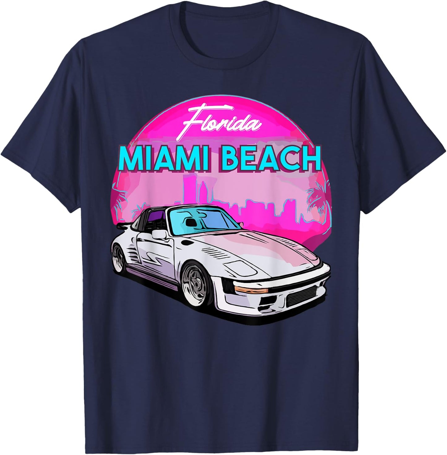 Miami Beach Florida Miami Palm Trees and Vintage Car T-Shirt - T-Shirt | Navy
