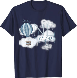 Kids Mr Onederful Hot Air Balloon Blue 1st Birthday Boy Party T-Shirt - T-Shirt | Navy
