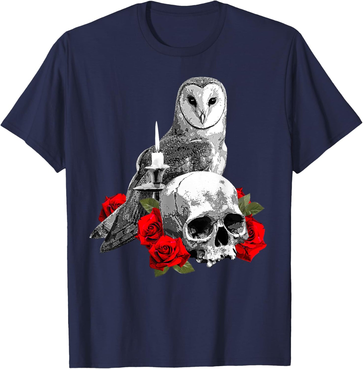 Spooky Witch Skull, Wiccan Owl and Candle with Red Roses T-Shirt - T-Shirt | Navy