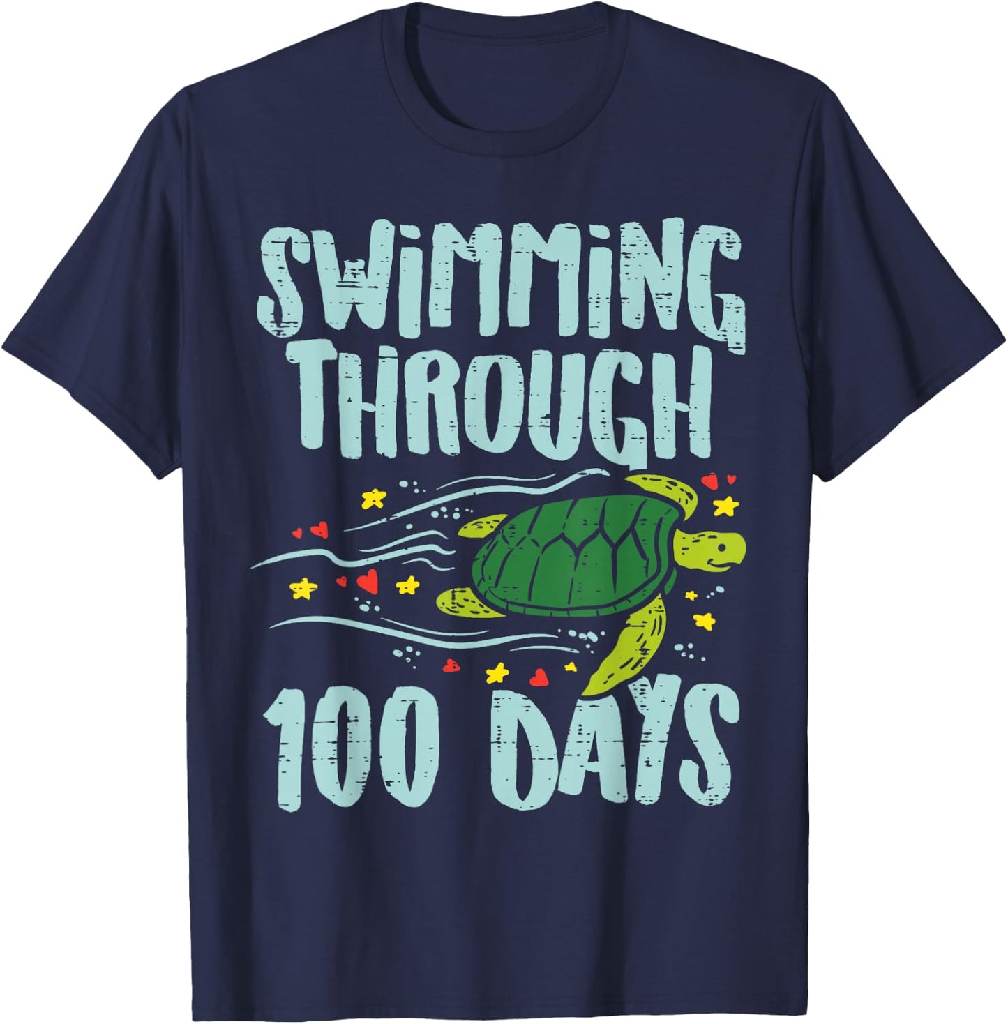 Swimming Through 100 Days Turtle 100th Day School Kids Gift T-Shirt - T-Shirt | Navy