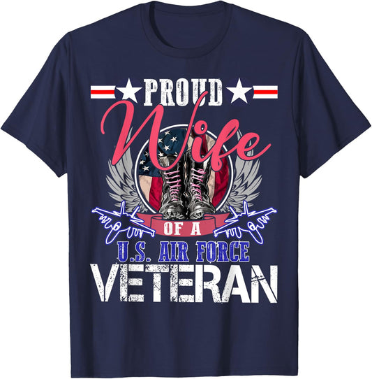Vintage Proud Wife Of A U.S. Air Force Veteran Gift Mom Dad T-Shirt - T-Shirt | Navy