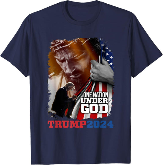 One Nation Under God President Trump 2024 America Christian T-Shirt - T-Shirt | Navy