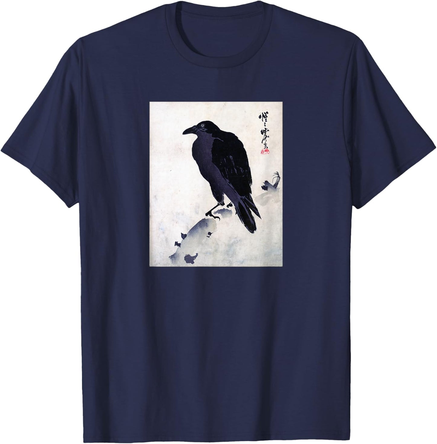 Japanese Crow Ink Art - Traditional Woodblock Bird T-Shirt - T-Shirt | Navy
