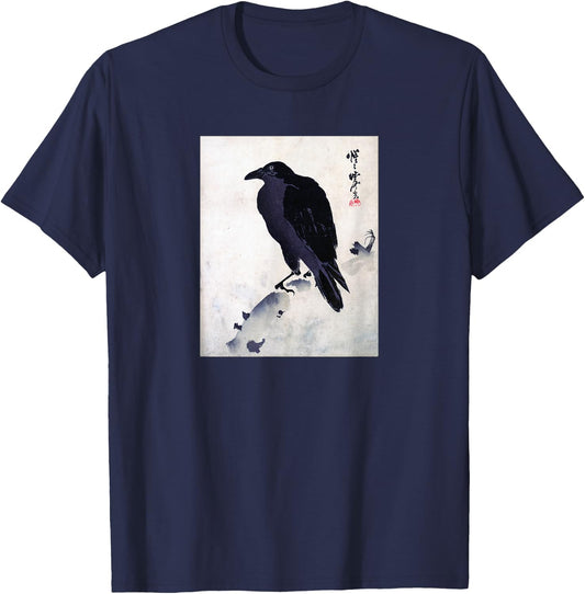 Japanese Crow Ink Art - Traditional Woodblock Bird T-Shirt - T-Shirt | Navy
