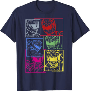 Power Rangers Group Shot Color Silhouette Line Art Panels T-Shirt - T-Shirt | Navy