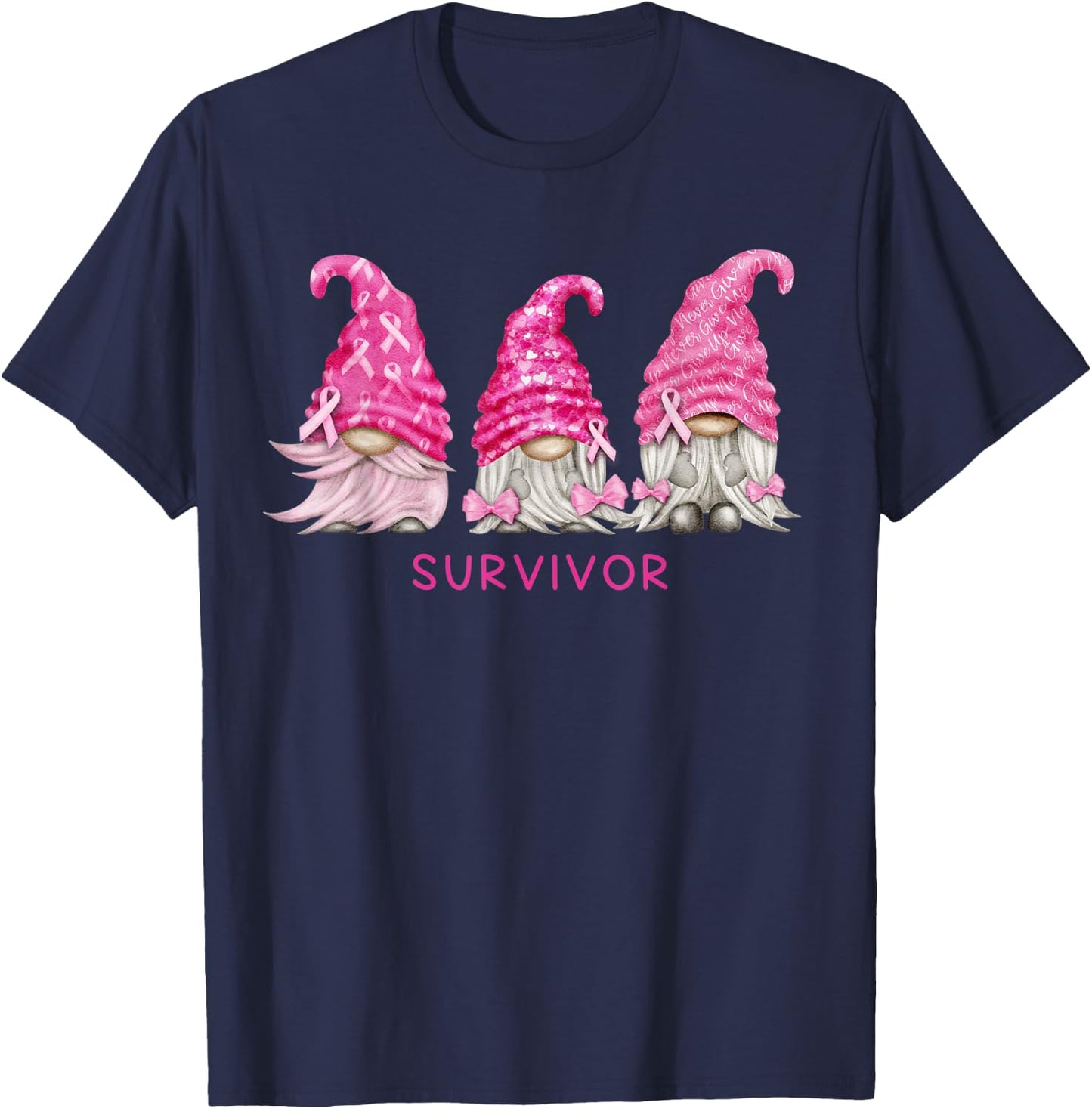 Gnome Breast Cancer Survivor Pink October Ribbon Awareness T-Shirt - T-Shirt | Navy