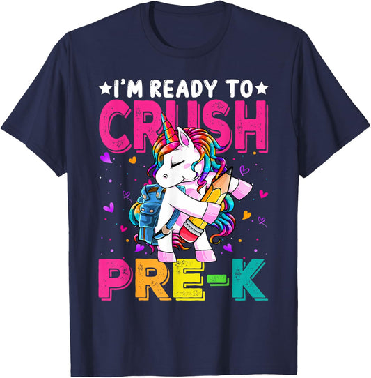 I'm Ready To Crush Pre-K Unicorn Back To School Girls T-Shirt - T-Shirt | Navy