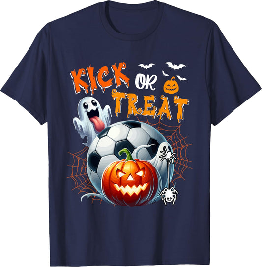 Trick Or Treat Funny Joke Kick Halloween Soccer Player Lover T-Shirt - T-Shirt | Navy