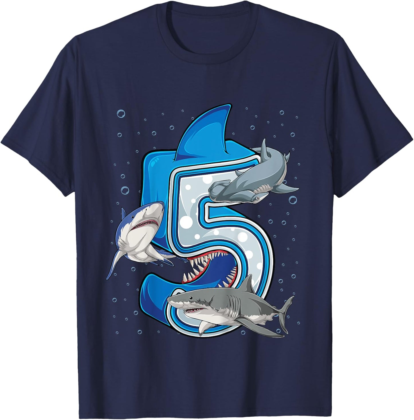 5th Birthday Boys Shark 5 years Old Ocean Shark B-day T-Shirt - T-Shirt | Navy