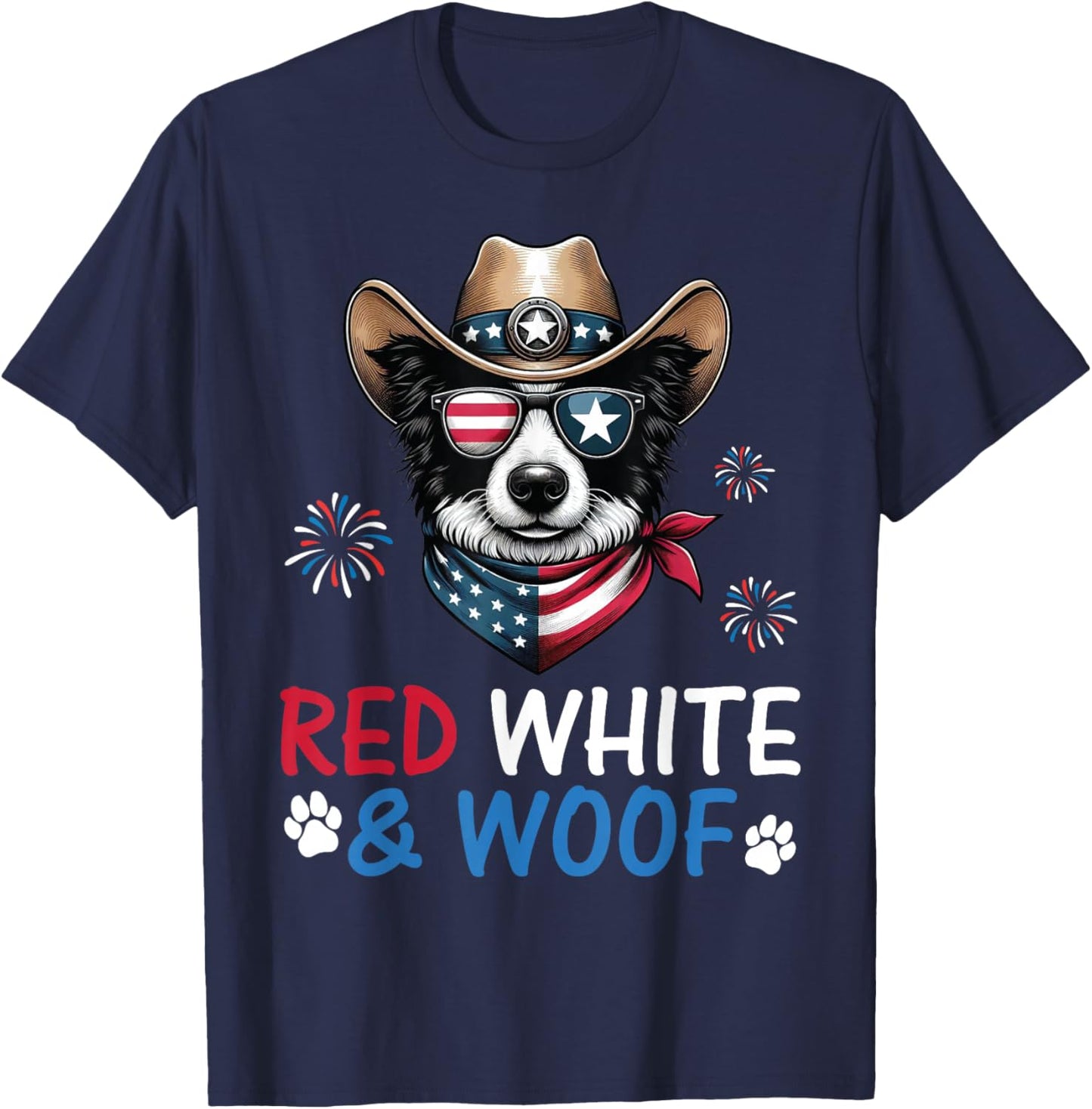 Border Collie Cowboy Costume Fireworks Red White and Woof T-Shirt - T-Shirt | Navy