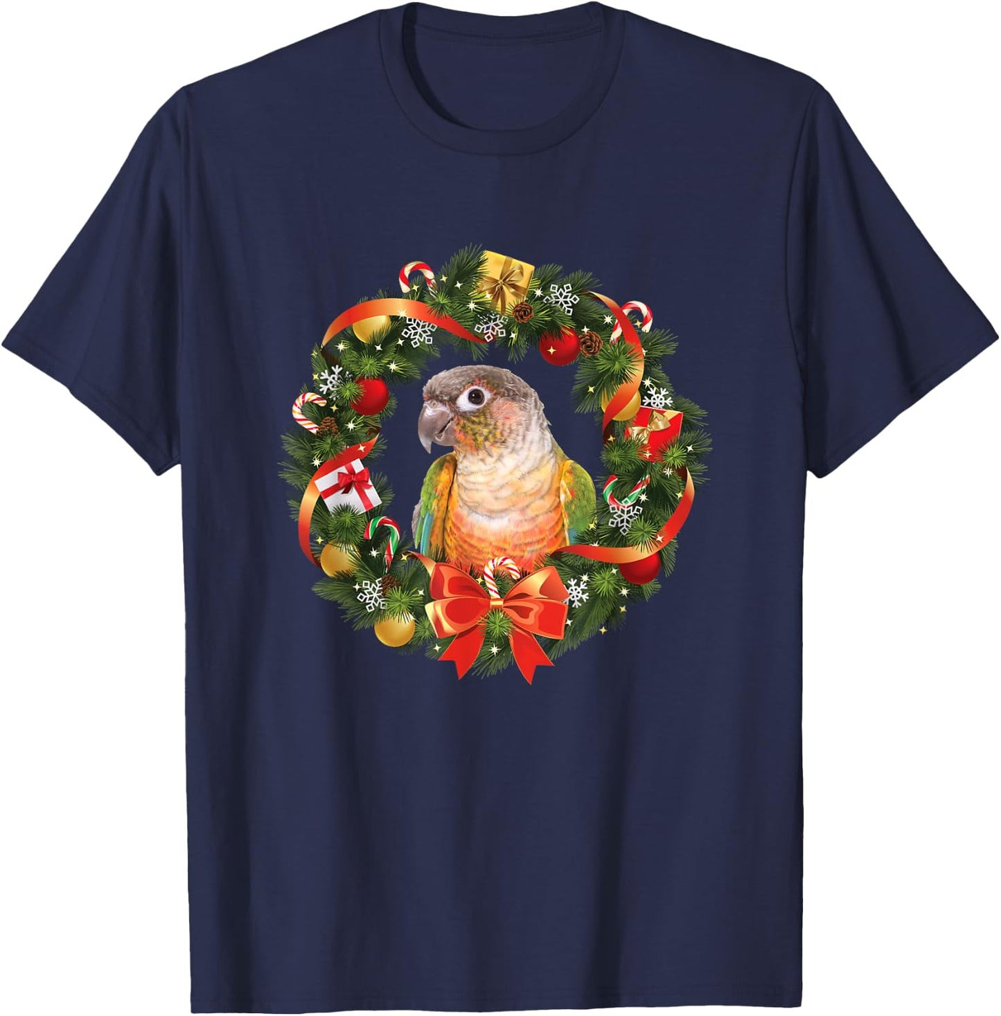 Green Cheek Conure Parrot Christmas Wreath T-Shirt - T-Shirt | Navy