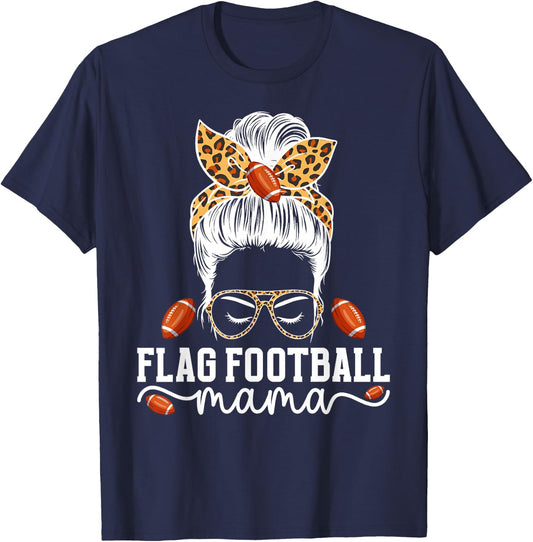 Flag Football Mama Messy Bun Flag Football Player Mom T-Shirt - T-Shirt | Navy