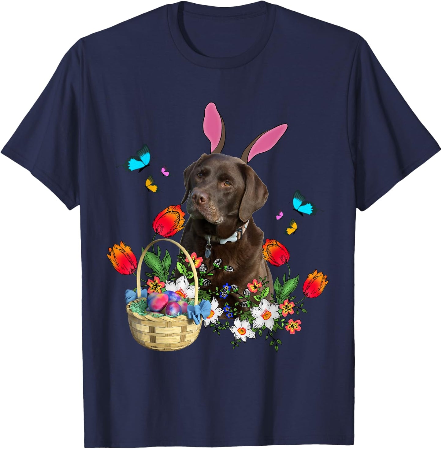 Chocolate Labrador Bunny Dog With Easter Eggs Basket Spring Women Girls Kids T-Shirt - T-Shirt | Navy