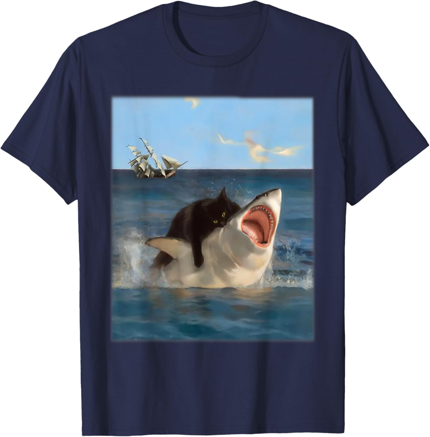 Eagerlys Funny Shark And Black Cat Ocean - Black Cat Bite T-Shirt - T-Shirt | Navy