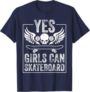 Funny Yes Girls Can Skateboard Gift Skateboarding Women T-Shirt - T-Shirt | Navy