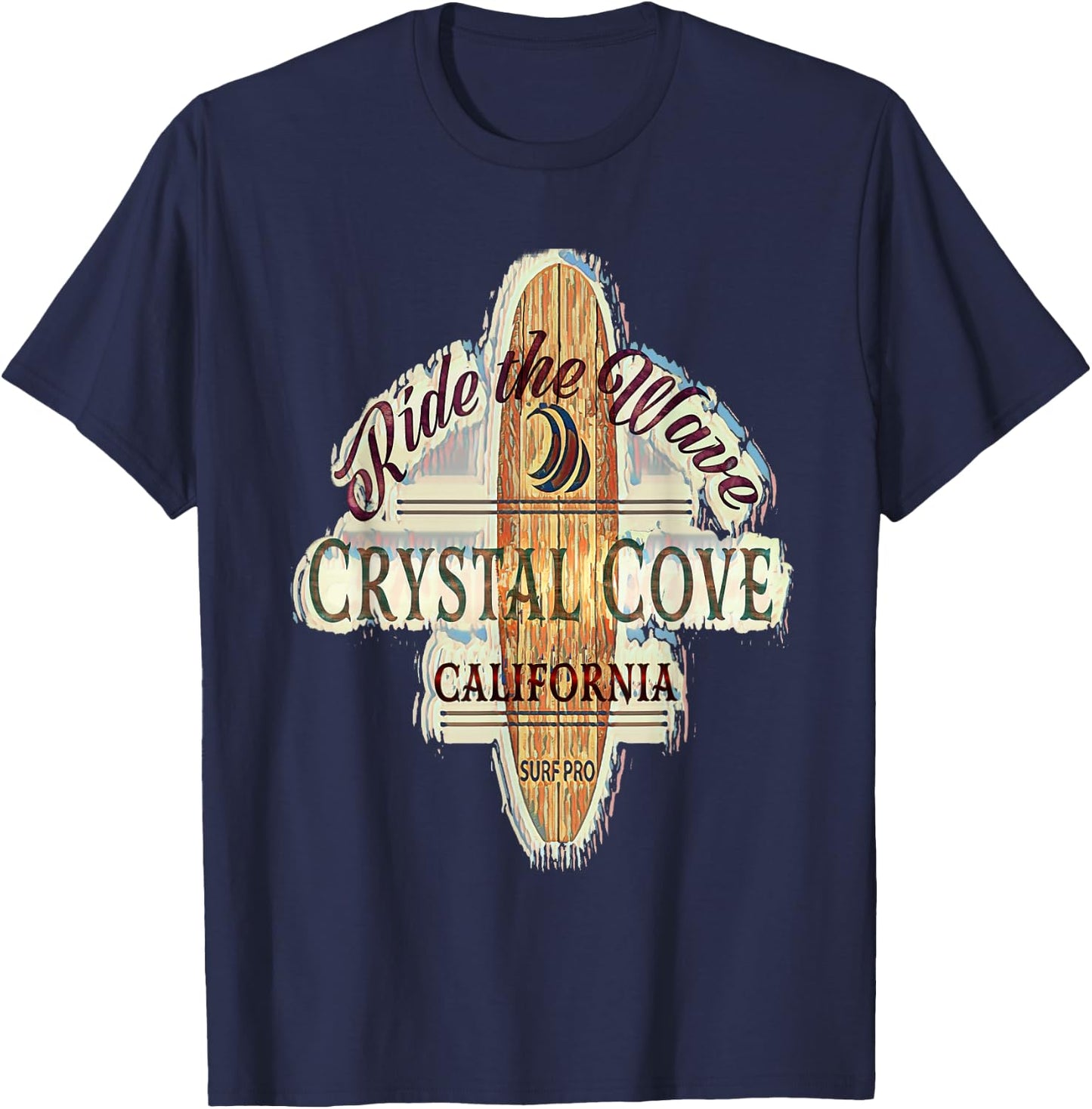 Crystal Cove Surfing Distressed Vintage Retro Surfboard T-Shirt - T-Shirt | Navy