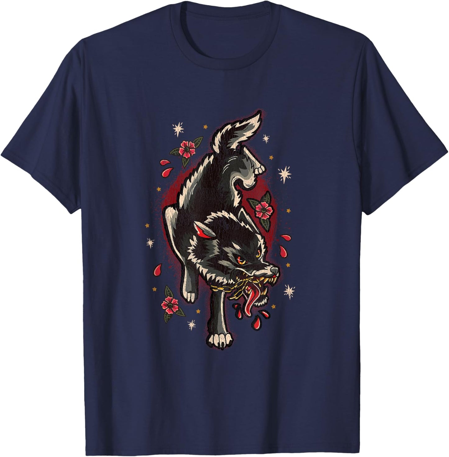 Traditional Style Full Body Wolf Tattoo T-Shirt - T-Shirt | Navy