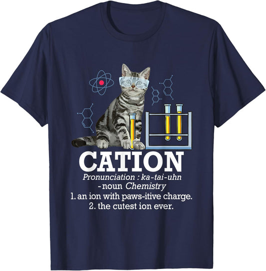Cation - Funny Chemistry Humor Science Teacher Cat Pun Small T-Shirt - T-Shirt | Navy