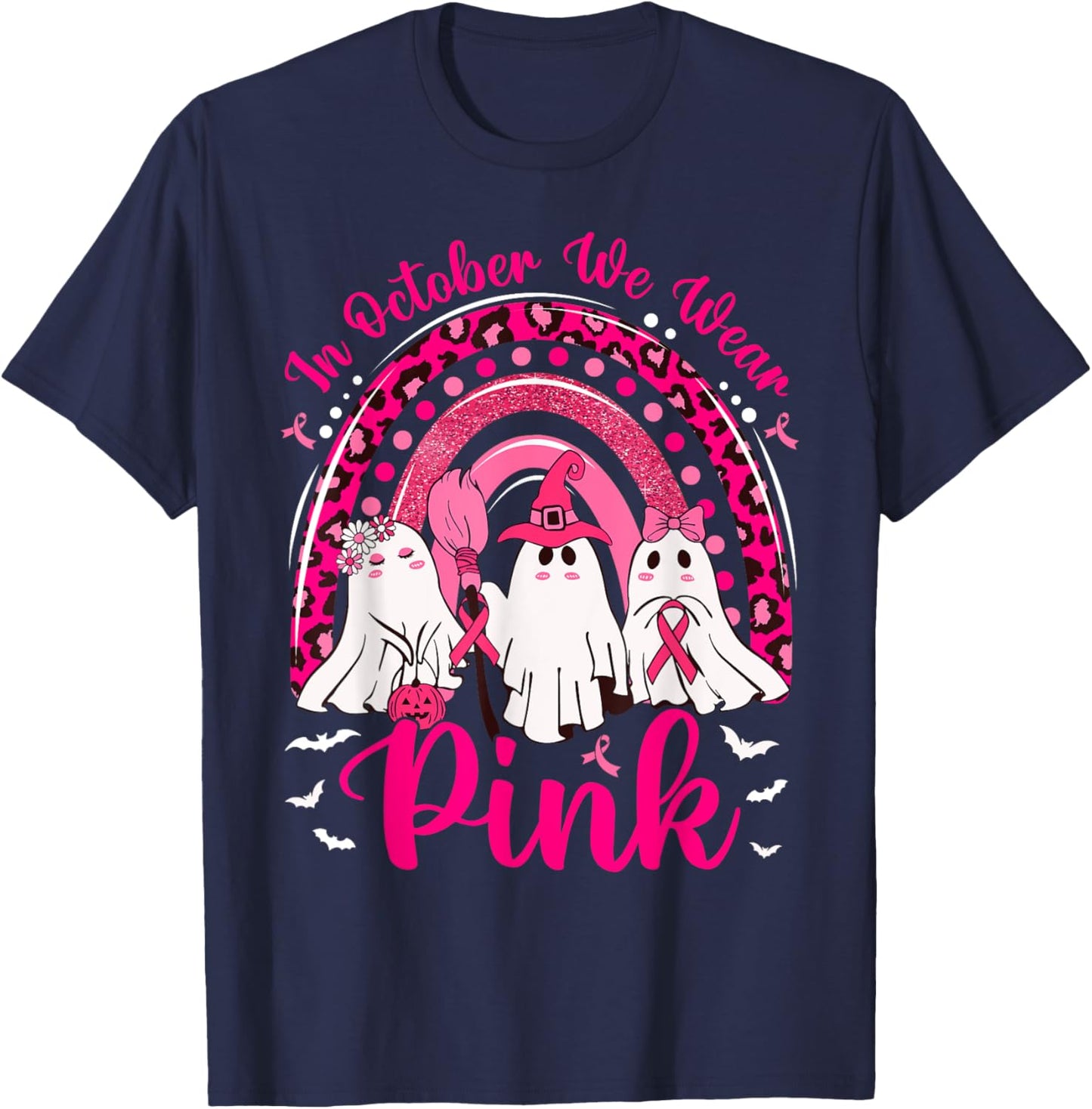In October We Wear Pink Nurse Ghost Breast Cancer Halloween T-Shirt - T-Shirt | Navy