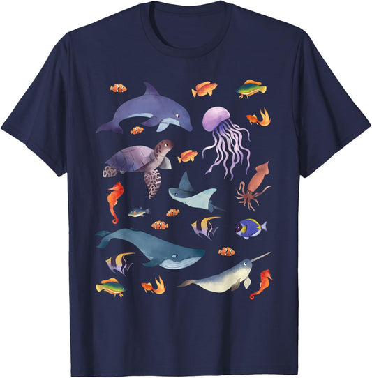 Ocean Life Love Sea Dolphin Turtle Jellyfish Whale Fishes T-Shirt - T-Shirt | Navy