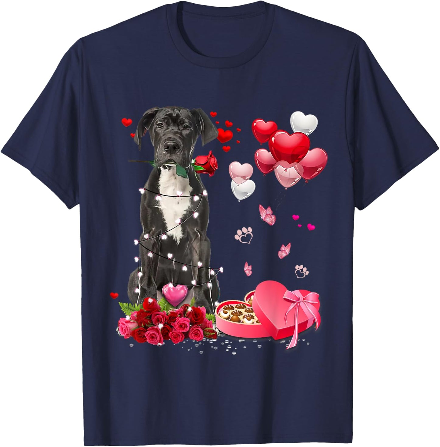 Funny Great Dane Rose Heart Happy Valentine Day Dog Mom T-Shirt - T-Shirt | Navy