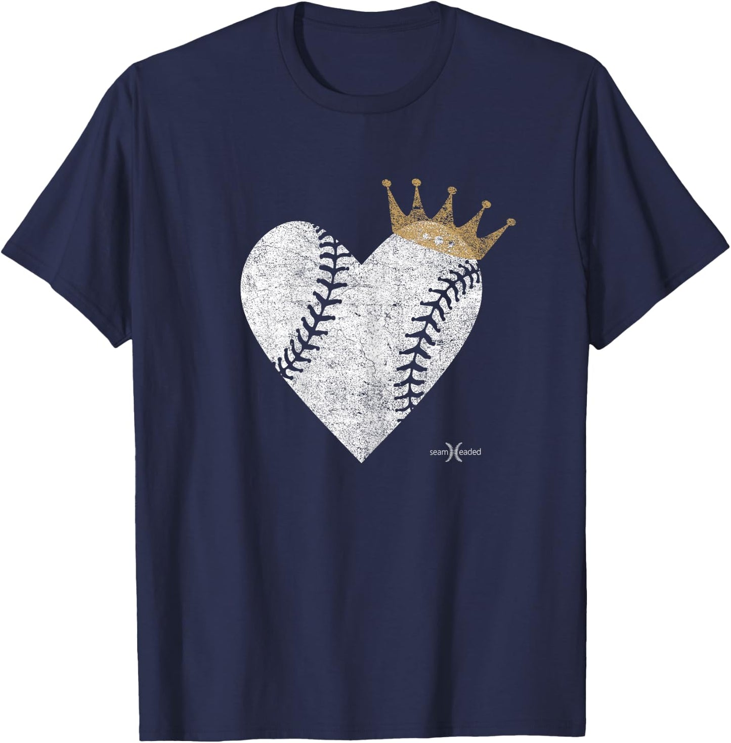 Vintage Baby Blue Royal Baseball Heart with Crown T-Shirt - T-Shirt | Navy